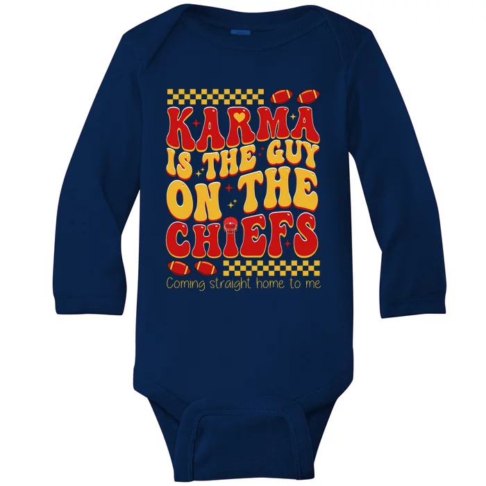 Karma Is The Guy Coming Straight Home To Me Retro Groovy Football Baby Long Sleeve Bodysuit