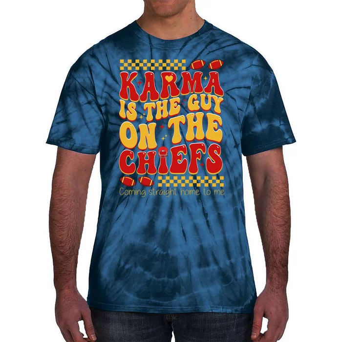 Karma Is The Guy Coming Straight Home To Me Retro Groovy Football Tie-Dye T-Shirt