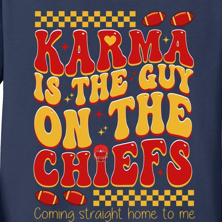 Karma Is The Guy Coming Straight Home To Me Retro Groovy Football Kids Long Sleeve Shirt