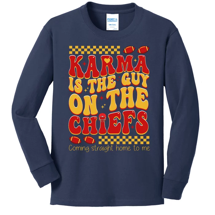 Karma Is The Guy Coming Straight Home To Me Retro Groovy Football Kids Long Sleeve Shirt