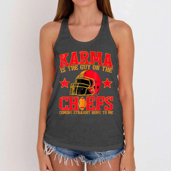 Karma Is The Guy On The Chief Trendy Women's Knotted Racerback Tank