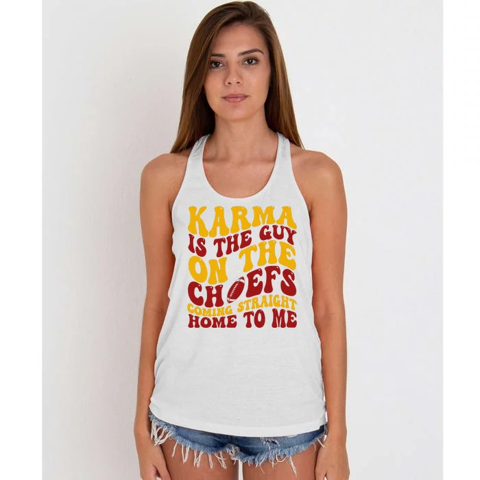 Karma Is The Guy Coming Straight Home To Me Football Women's Knotted Racerback Tank