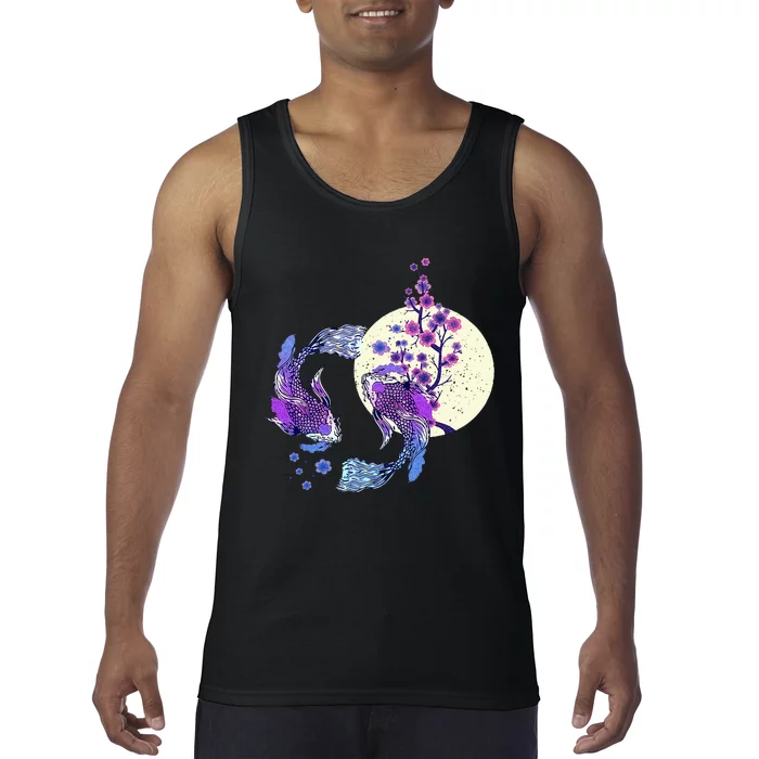 Koi Japanese Koi Carp Full Moon Yin Yang Cherry Blossom Tank Top