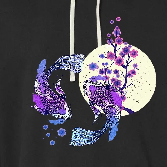 Koi Japanese Koi Carp Full Moon Yin Yang Cherry Blossom Garment-Dyed Fleece Hoodie