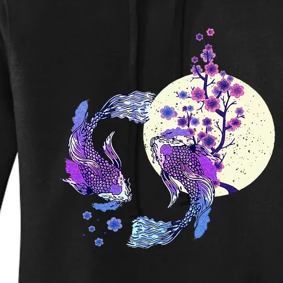 Koi Japanese Koi Carp Full Moon Yin Yang Cherry Blossom Women's Pullover Hoodie