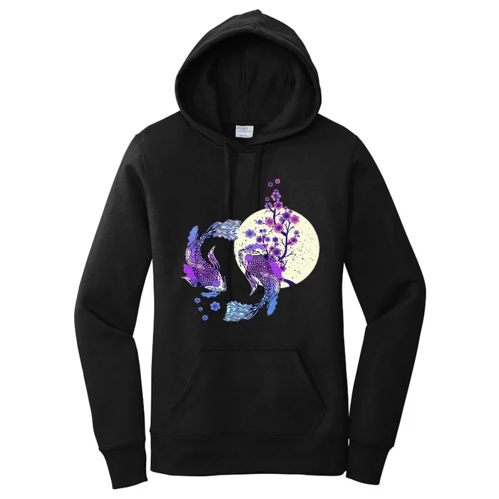 Koi Japanese Koi Carp Full Moon Yin Yang Cherry Blossom Women's Pullover Hoodie