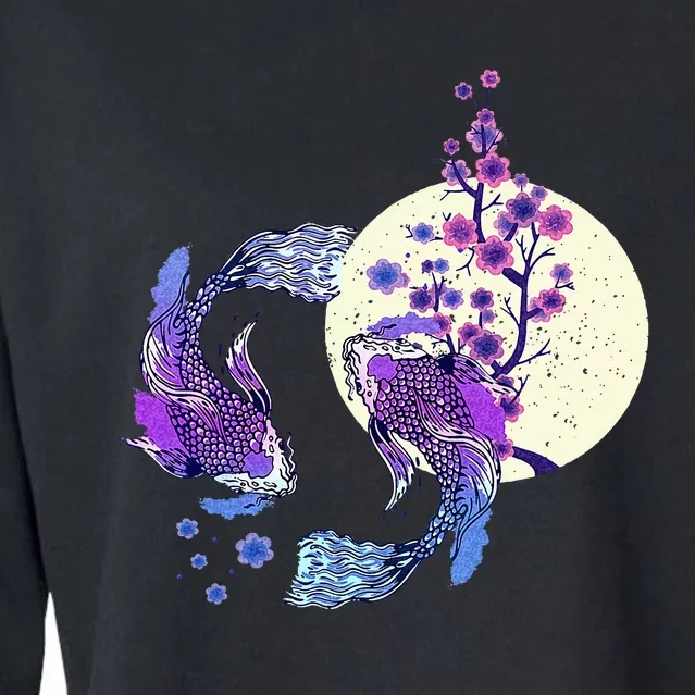 Koi Japanese Koi Carp Full Moon Yin Yang Cherry Blossom Cropped Pullover Crew