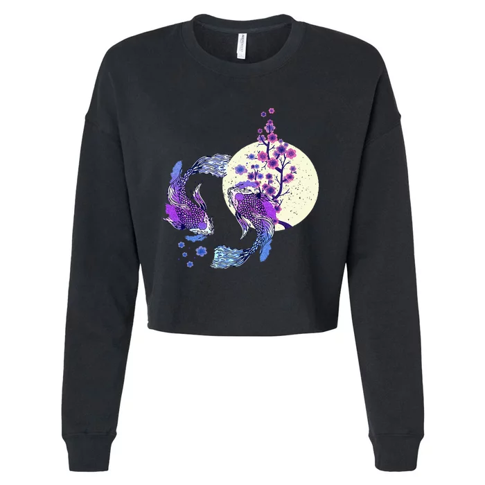 Koi Japanese Koi Carp Full Moon Yin Yang Cherry Blossom Cropped Pullover Crew