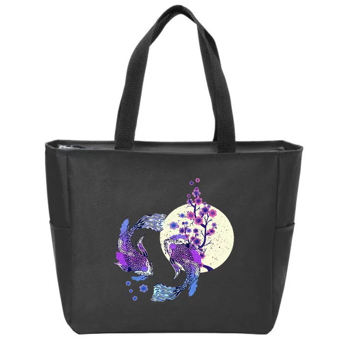 Koi Japanese Koi Carp Full Moon Yin Yang Cherry Blossom Zip Tote Bag