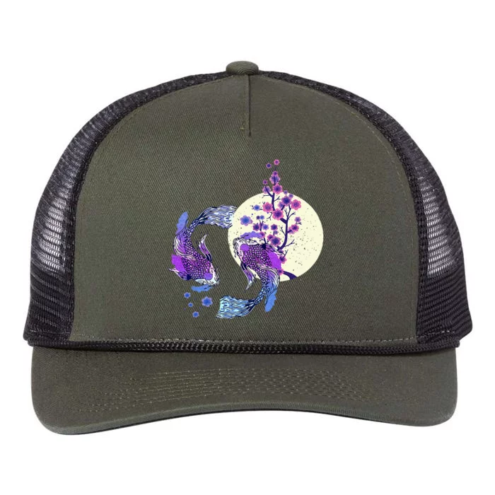 Koi Japanese Koi Carp Full Moon Yin Yang Cherry Blossom Retro Rope Trucker Hat Cap