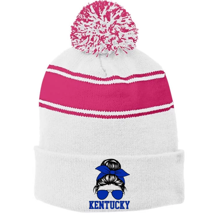 Kentucky Ky Messy Bun Varsity Stripe Pom Pom Beanie