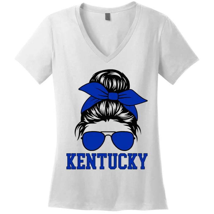 Kentucky Ky Messy Bun Varsity Vintage Sports Women's V-Neck T-Shirt