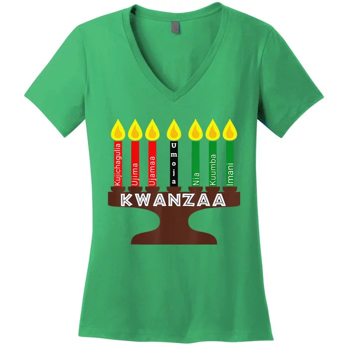 Kwanzaa Kinara Mishumaa With 7 Principles Women's V-Neck T-Shirt