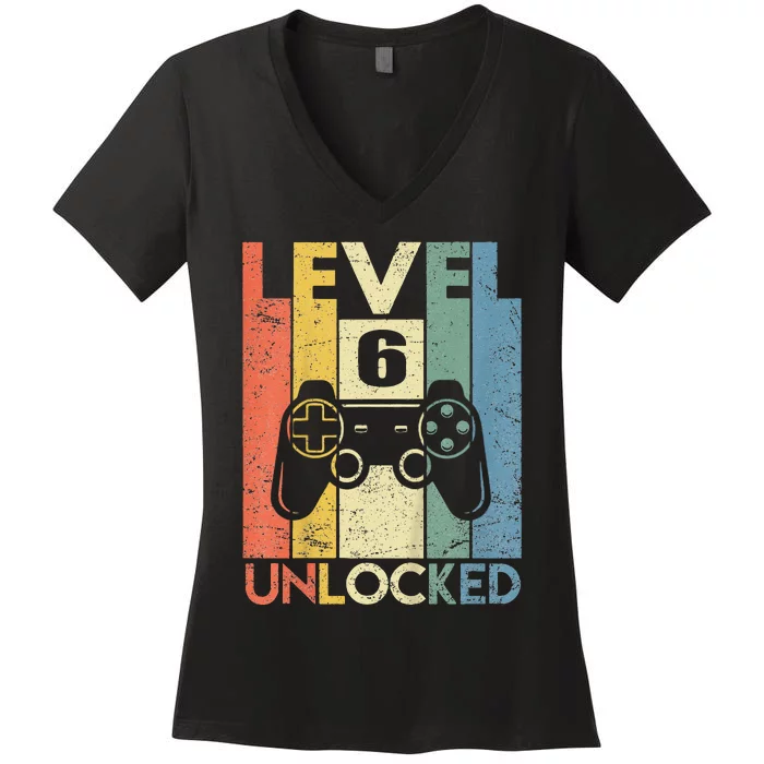 Kids Level 6 Unlocked Funny Video Gamer 6th Birthday Gift Women's V-Neck T-Shirt