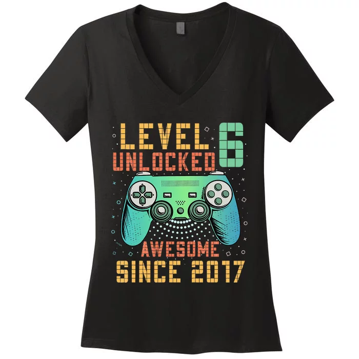 Kids Level 6 Unlocked 6th Birthday 6 Year Old Boy Gifts Gamer Women's V-Neck T-Shirt