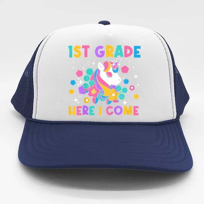 Kids Look Out 1st Grade First Day Of School Girl Unicorn Trucker Hat