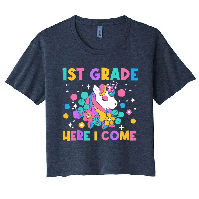 Kids Look Out 1st Grade First Day Of School Girl Unicorn Women's Crop Top Tee