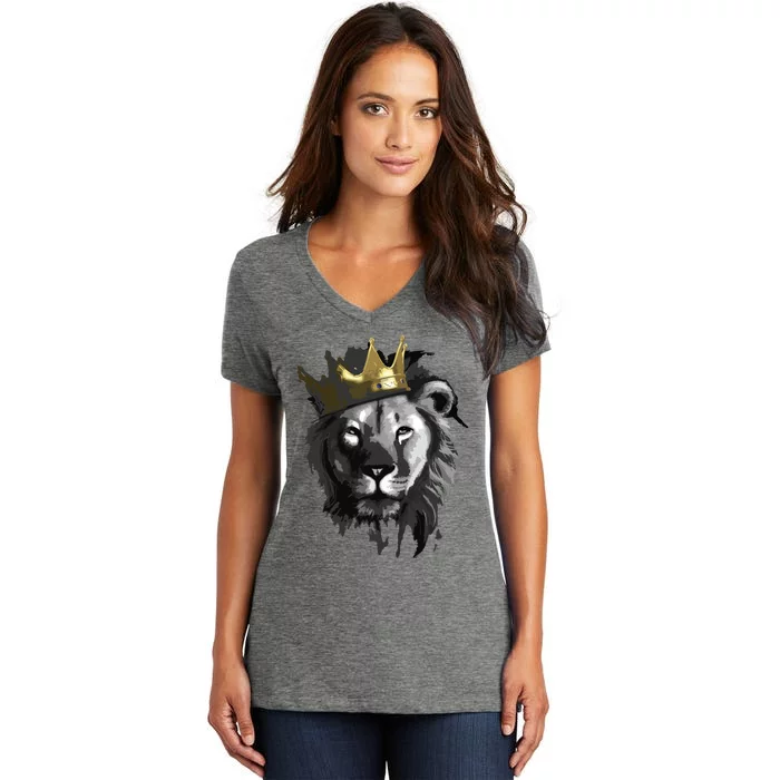 King Lion With Crown Street Art Women's V-Neck T-Shirt