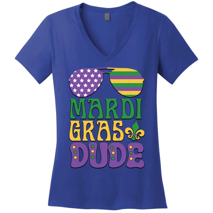 Kids Mardi Gras Dude Funny Vintage American Flag Sunglasses Gift Women's V-Neck T-Shirt