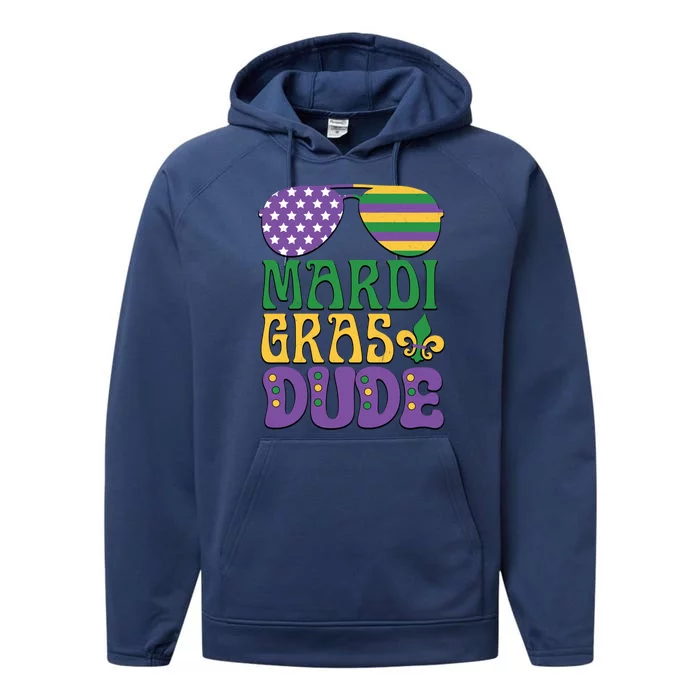 Kids Mardi Gras Dude Funny Vintage American Flag Sunglasses Gift Performance Fleece Hoodie