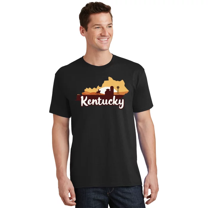 Kentucky Map Horse Riding Cow Barn Windmill Ky Souvenir T-Shirt