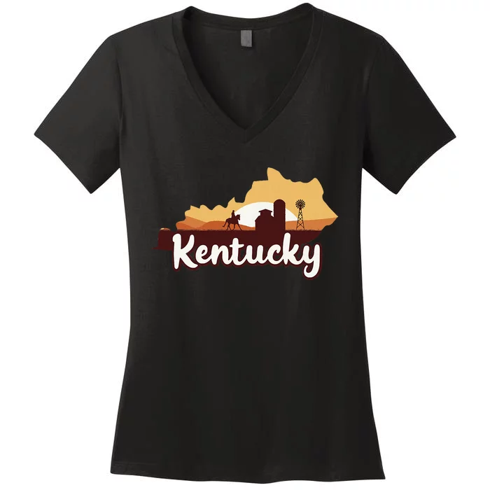 Kentucky Map Horse Riding Cow Barn Windmill Ky Souvenir Women's V-Neck T-Shirt