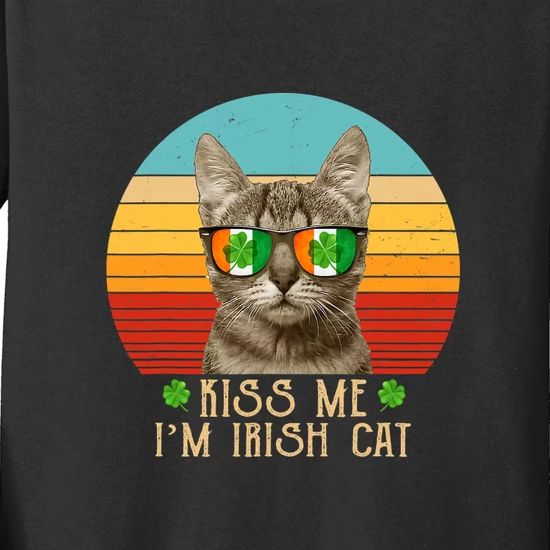 Kiss Me I'm Irish Cat Clover Shamrock Cat St. Patrick's Day Kids Long Sleeve Shirt