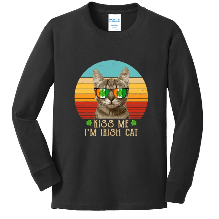 Kiss Me I'm Irish Cat Clover Shamrock Cat St. Patrick's Day Kids Long Sleeve Shirt