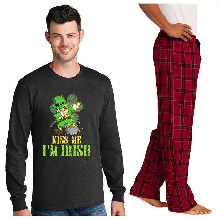 Kiss Me I'm Irish Dabbing Leprechaun Face St Patrick Day Long Sleeve Pajama Set