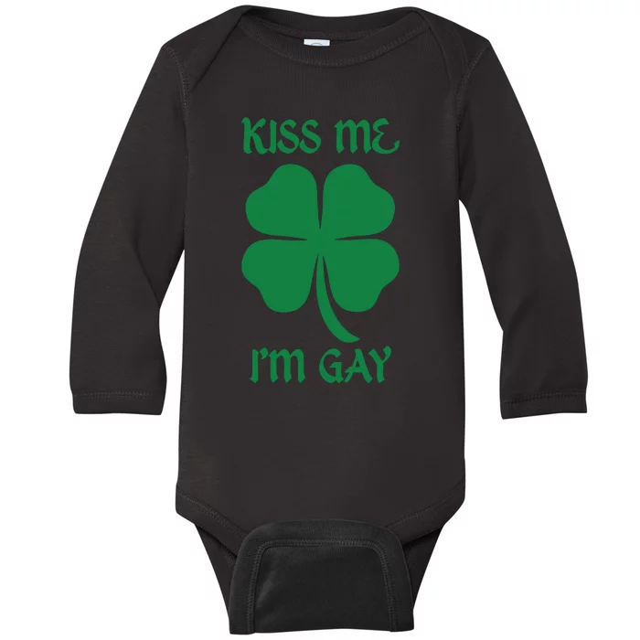 Kiss Me I’M Gay Four Leaf Clover Funny St Patricks Day Baby Long Sleeve Bodysuit