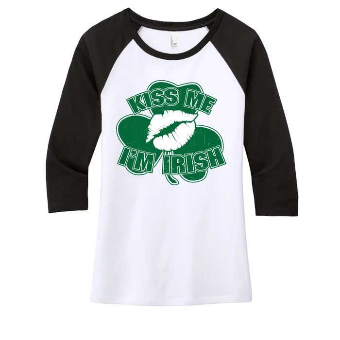 Kiss Me I'm Irish Lips Women's Tri-Blend 3/4-Sleeve Raglan Shirt