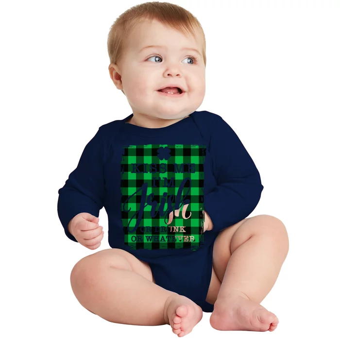 Kiss Me I'm Irish Funny St Paddy's Plaid Baby Long Sleeve Bodysuit