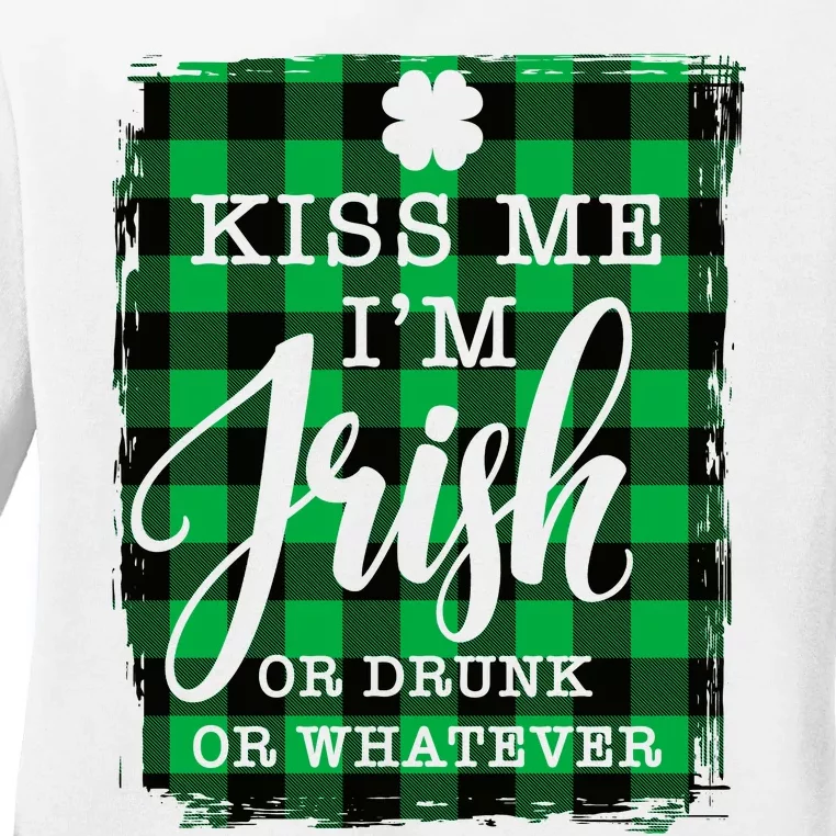 Kiss Me I'm Irish Funny St Paddy's Plaid Ladies Long Sleeve Shirt