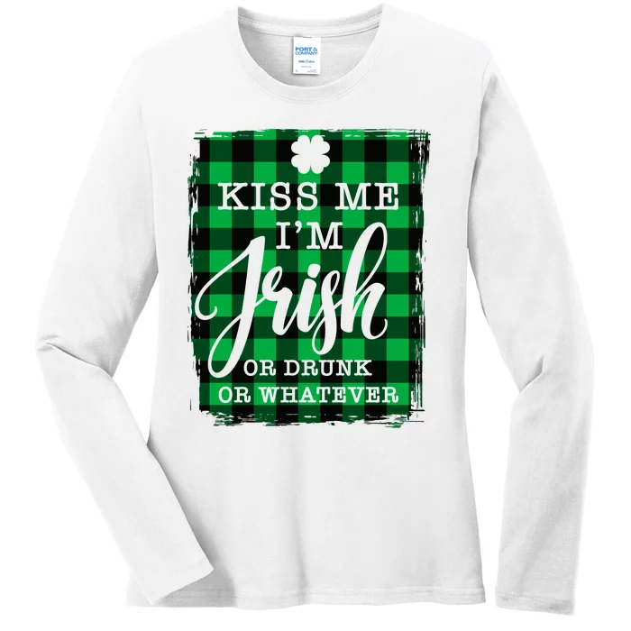 Kiss Me I'm Irish Funny St Paddy's Plaid Ladies Long Sleeve Shirt