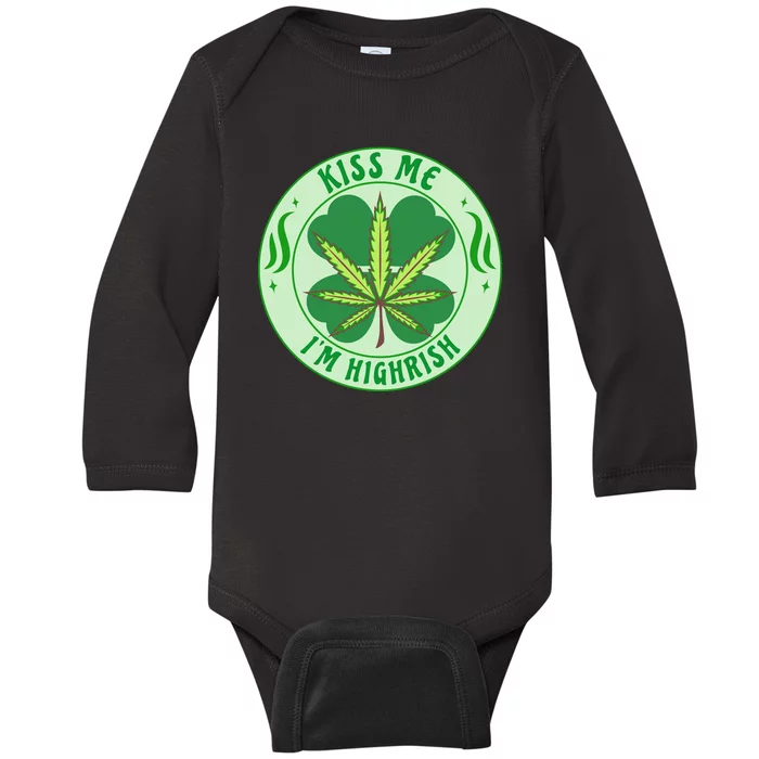 Kiss Me I'm Highrish St Patrick's Day Weed Stoner Baby Long Sleeve Bodysuit