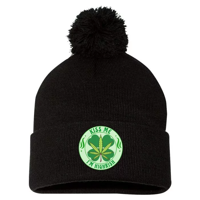 Kiss Me I'm Highrish St Patrick's Day Weed Stoner Pom Pom 12in Knit Beanie