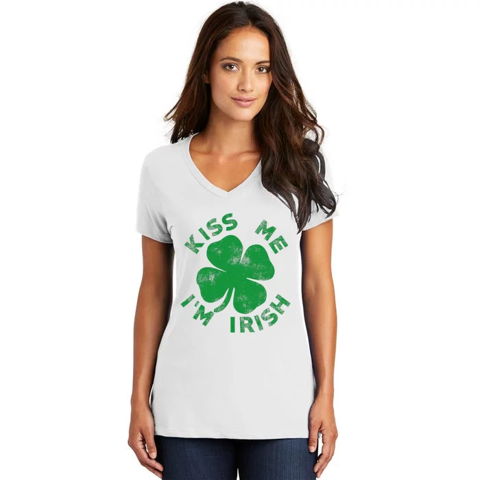 Kiss Me IM Irish Vintage Saint Patrick Day Funny Women's V-Neck T-Shirt