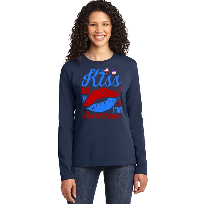 Kiss Me Im American Ladies Long Sleeve Shirt