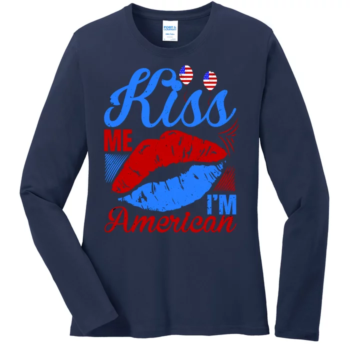 Kiss Me Im American Ladies Long Sleeve Shirt