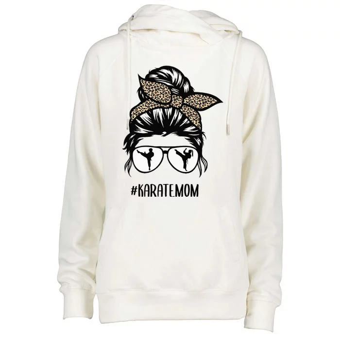 Karate Mom Leopard messy bun hair glasses Womens Funnel Neck Pullover Hood