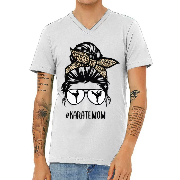 Karate Mom Leopard messy bun hair glasses V-Neck T-Shirt