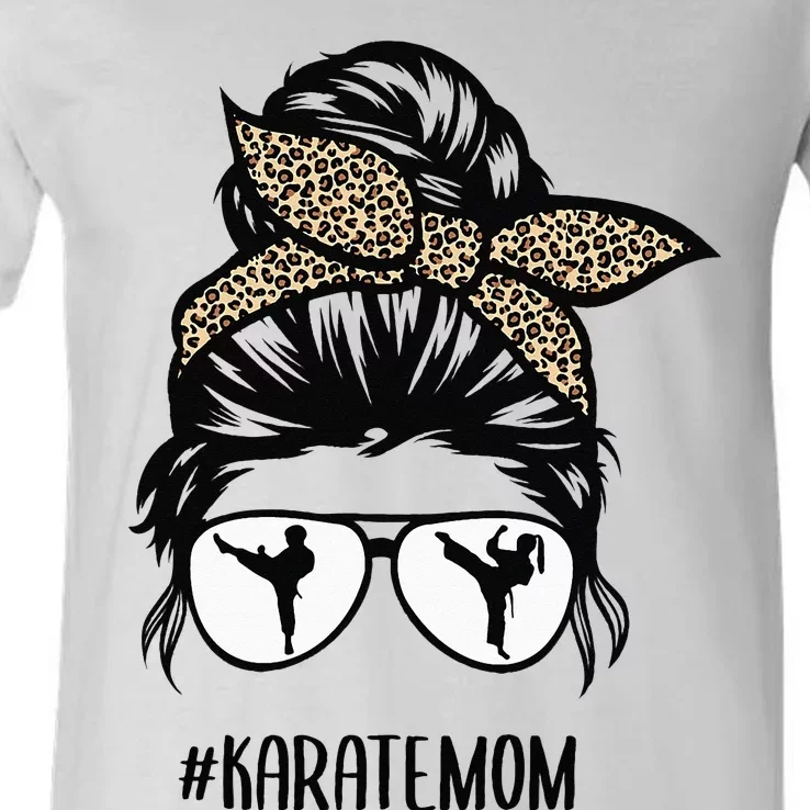 Karate Mom Leopard messy bun hair glasses V-Neck T-Shirt