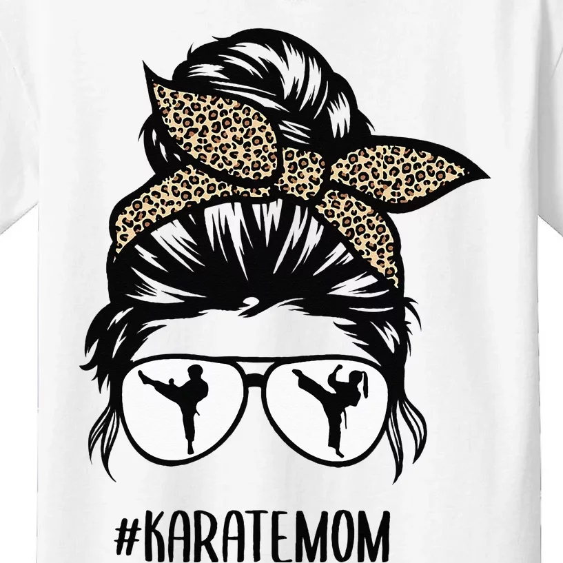 Karate Mom Leopard messy bun hair glasses Kids T-Shirt