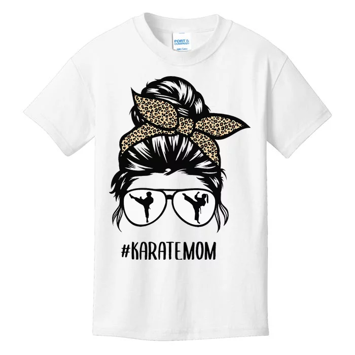 Karate Mom Leopard messy bun hair glasses Kids T-Shirt