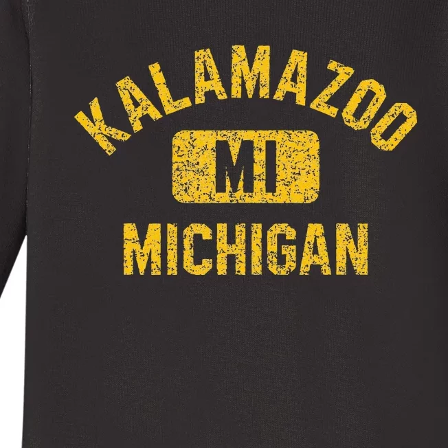 Kalamazoo MI Michigan Gym Style Distressed Amber Print Baby Long Sleeve Bodysuit