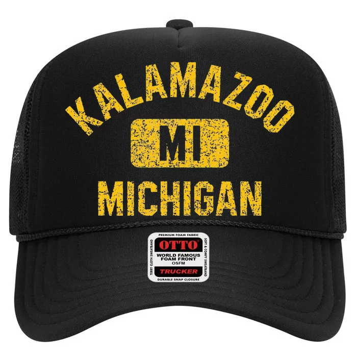 Kalamazoo MI Michigan Gym Style Distressed Amber Print High Crown Mesh Trucker Hat