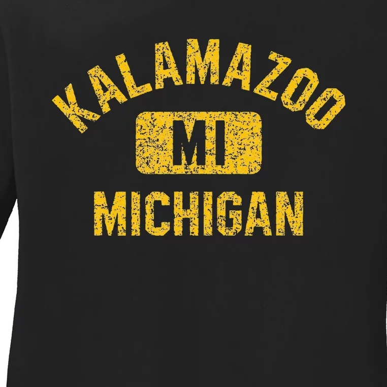 Kalamazoo MI Michigan Gym Style Distressed Amber Print Ladies Long Sleeve Shirt