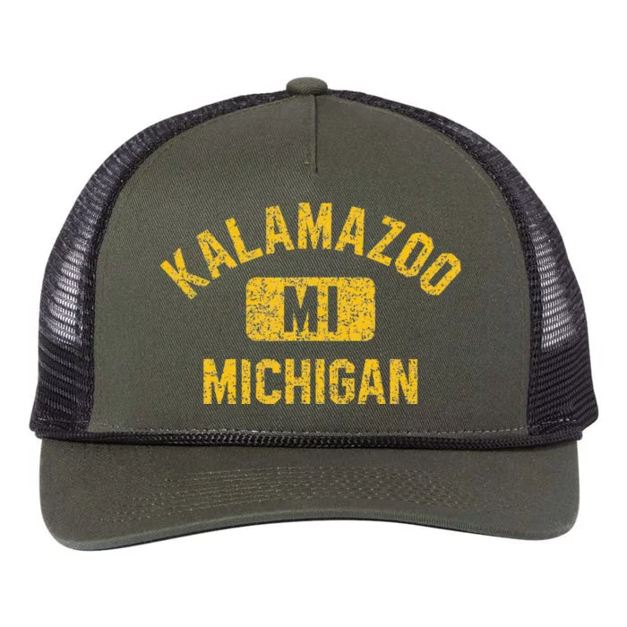 Kalamazoo MI Michigan Gym Style Distressed Amber Print Retro Rope Trucker Hat Cap