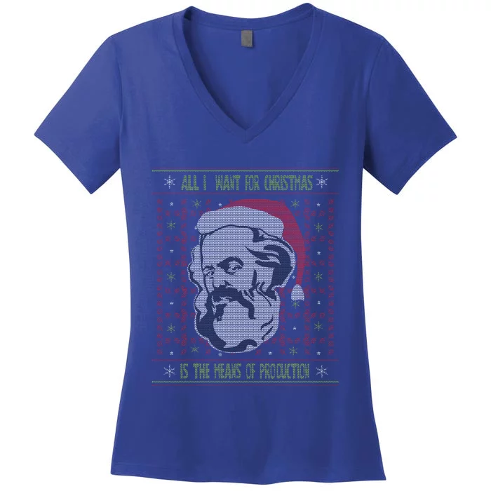 Karl Marx Means Of Production Ugly Christmas Sweater Gift Women's V-Neck T-Shirt