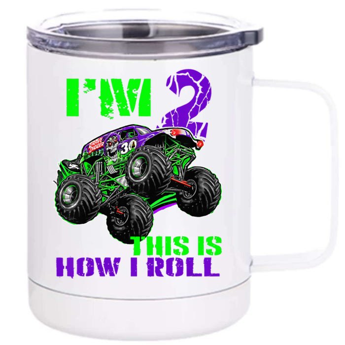 Kids Monster Trucks Are My Jam 2nd Birthday Boy 2 Years Old Front & Back 12oz Stainless Steel Tumbler Cup